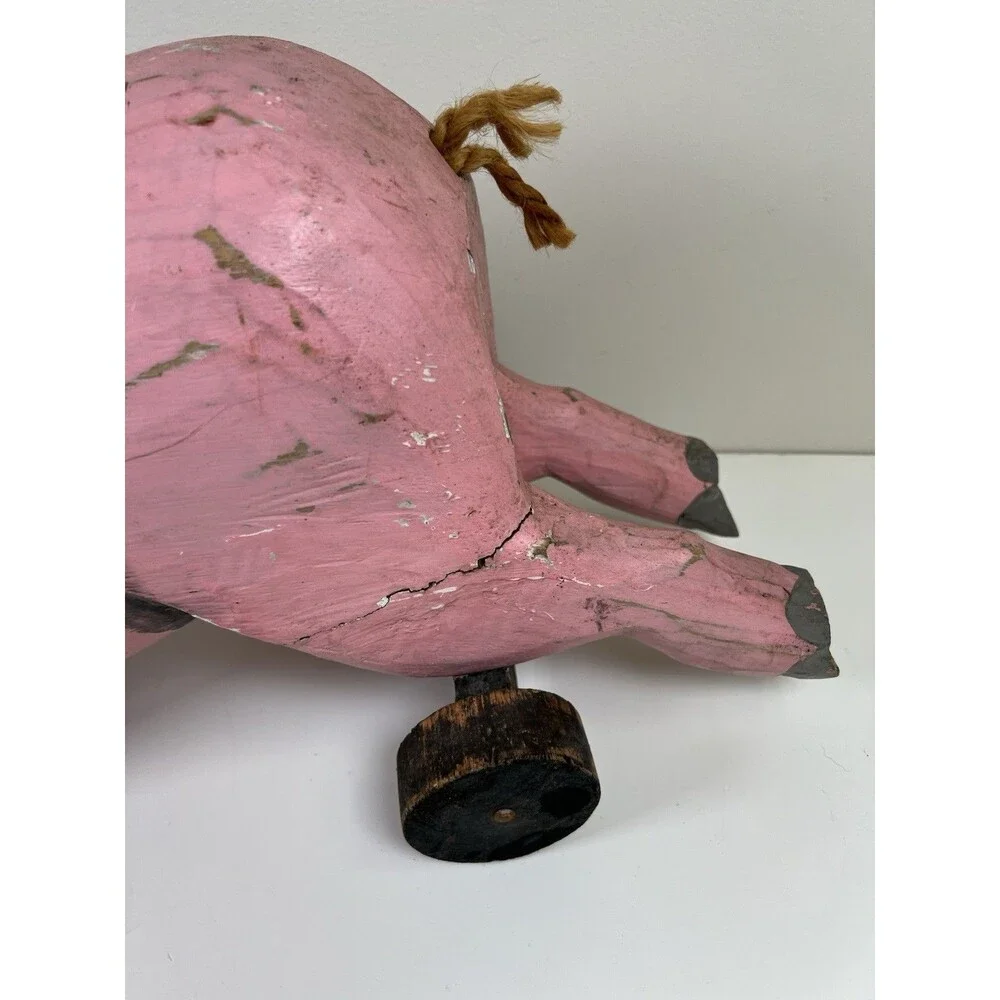 Vintage Handcrafted Carved Wooden Pig on Wheels Art Sculpture Statue Country